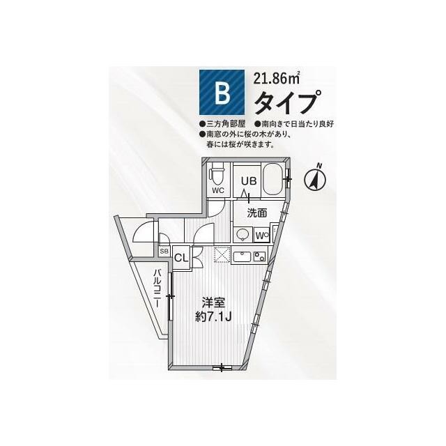 専有面積：21．86m2 三方角部屋！バス・トイレ別・独立洗面脱衣室・室内洗濯機置き場(間取)